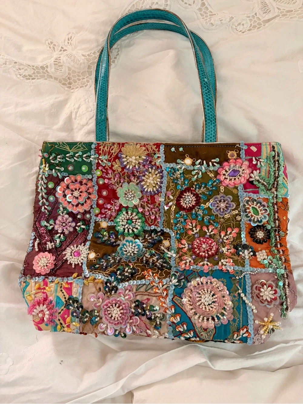 Vintage Embroidered Floral Patchwork Tote in Turquoise and Multicolor